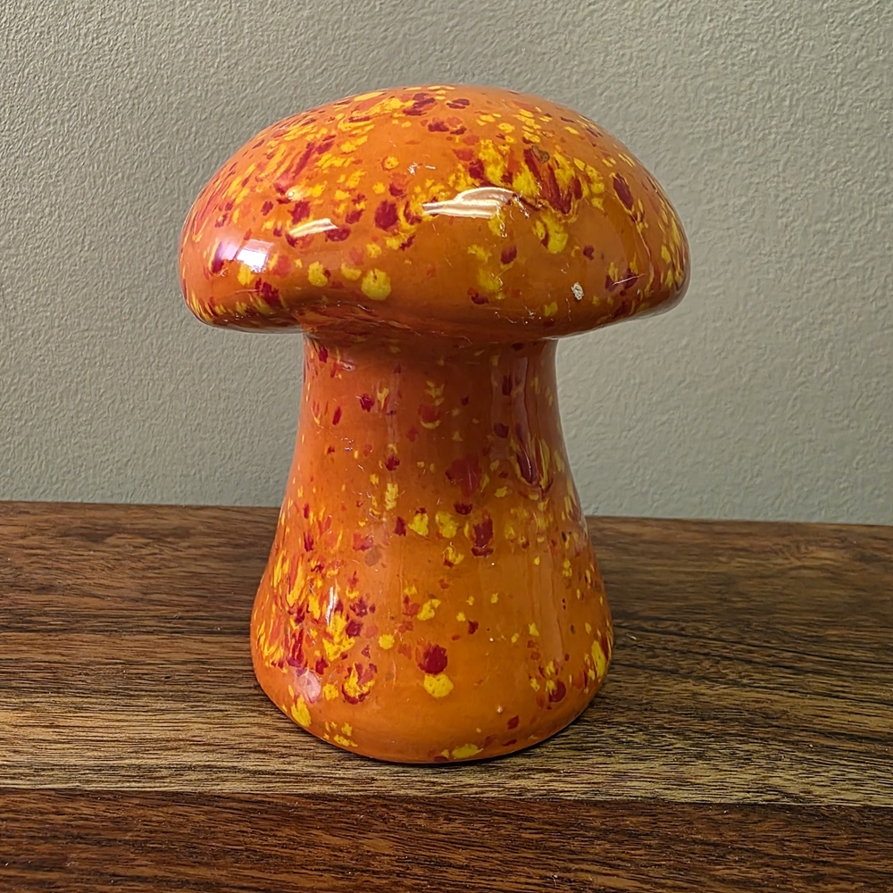 Vintage Cottagecore Orange Ceramic Mushroom Shaker with Red and Yellow Speckles